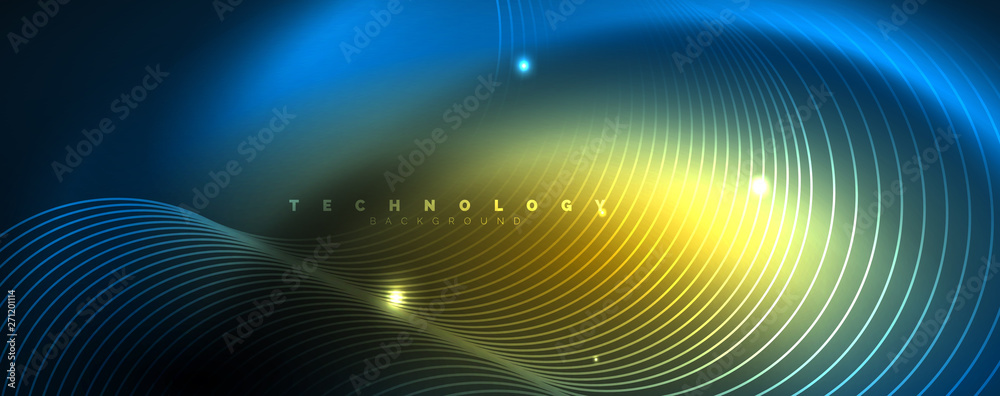 Trendy neon blue abstract design with waves and circles. Neon light glowing effect. Abstract digital background. Trendy neon blue abstract design with waves and circles. Neon light glowing effect. Abstract digital background.
