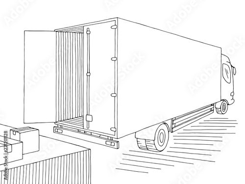 Truck unloading in the stock black white sketch illustration vector