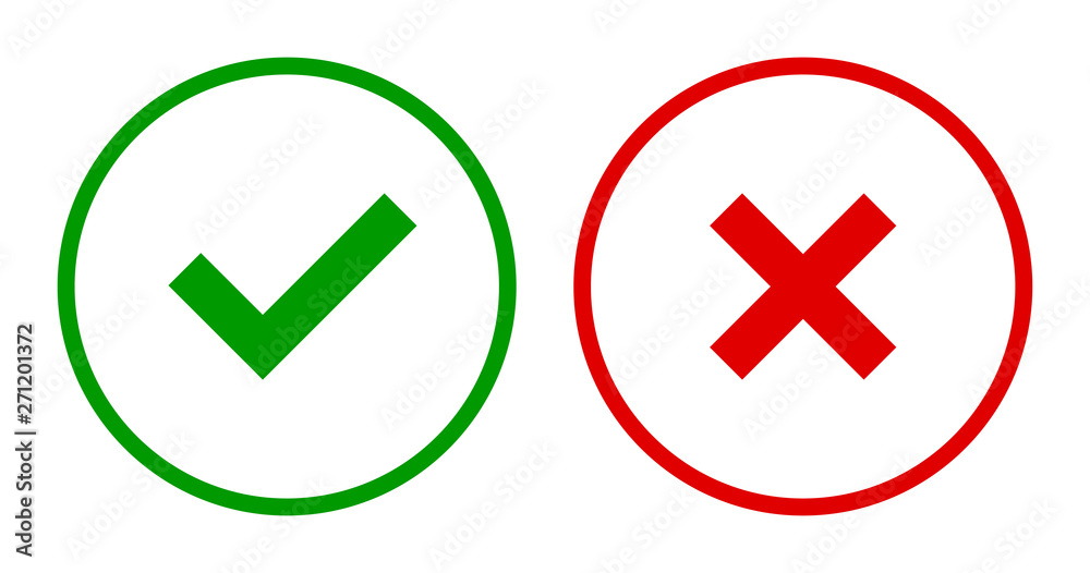 Set of round check & X mark line icons, buttons. Flat tick & cross symbols on white background. Set of round check & X mark line icons, buttons. Flat tick & cross symbols on white background.