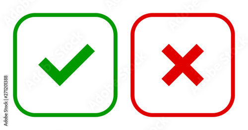 Set of square check & X mark line icons, buttons. Flat tick & cross symbols on white background.