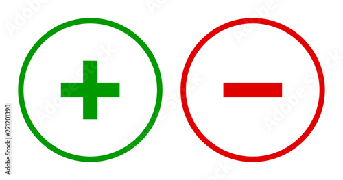 Set of round plus & minus sign line icons, buttons. Flat positive & negative symbols on white background.