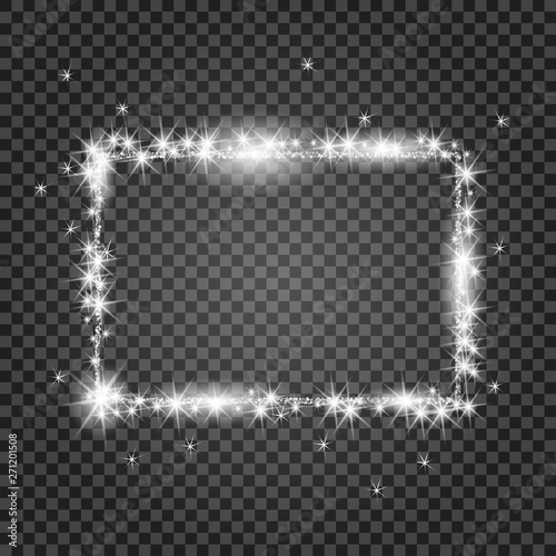 Vector silver frame with lights effects. Shining rectangle banner on checkered background
