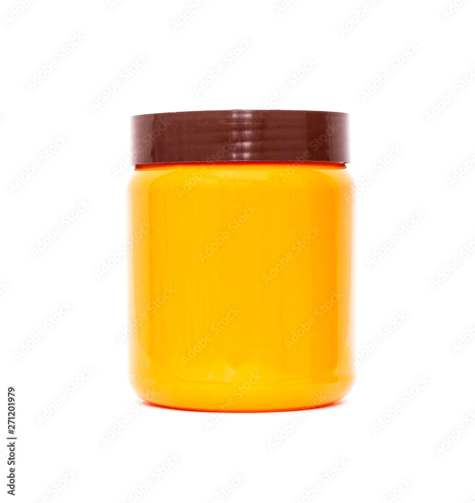Orange plastic jar with a lid on a white background, isolate, tara Orange plastic jar with a lid on a white background, isolate, tara