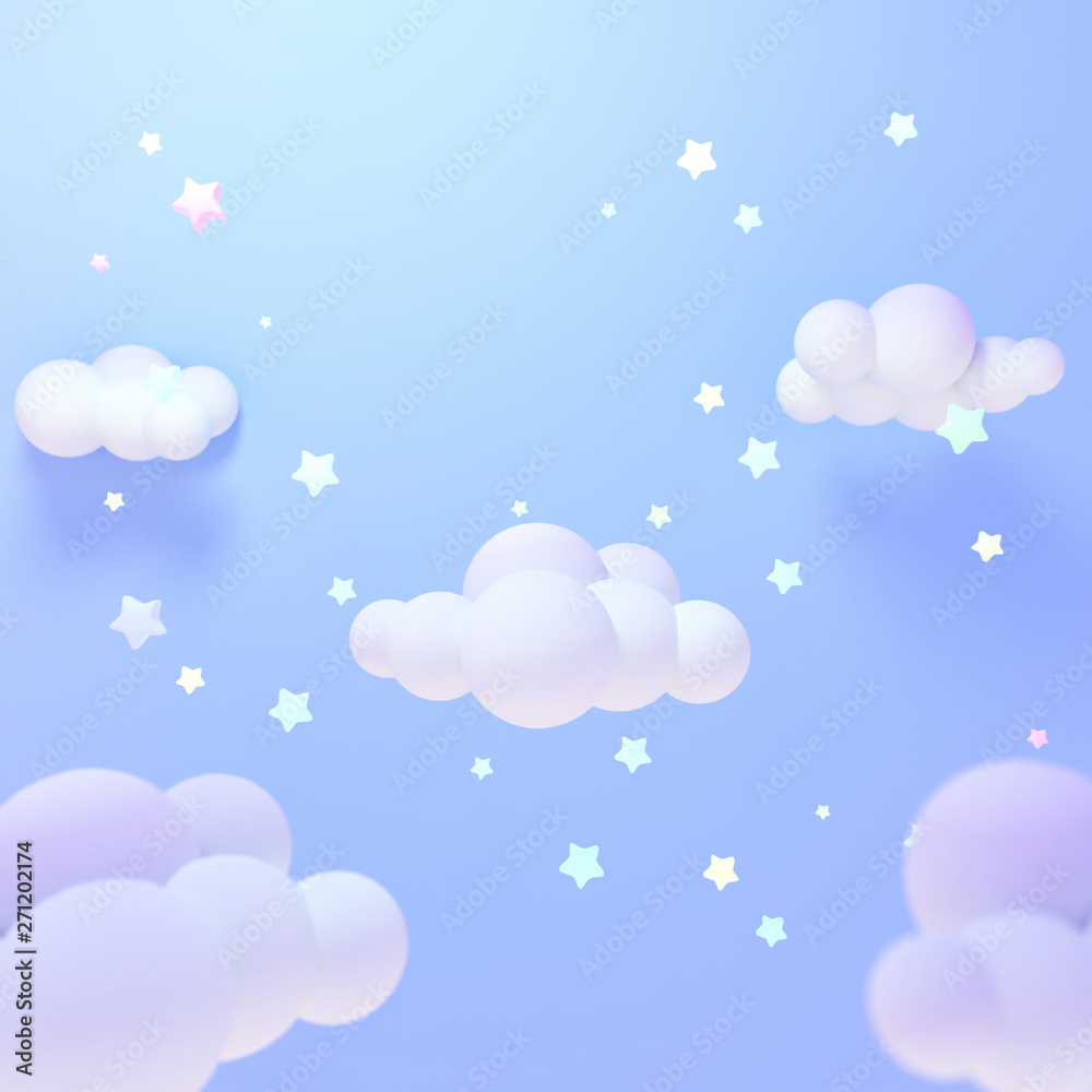 Cartoon pastel blue clouds and yellow stars at night. 3d rendering picture.