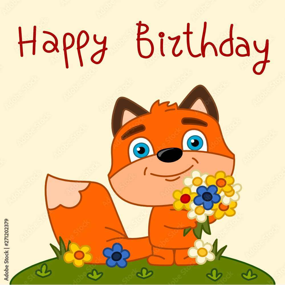 Happy birthday card - funny Fox in cartoon style with a bouquet of ...