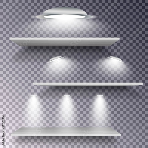 Vector empty wooden shelf with lamps isolated on checkered background