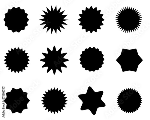 Starburst sale sticker. Sunburst price tag, promotion star set, black silhouettes on white background