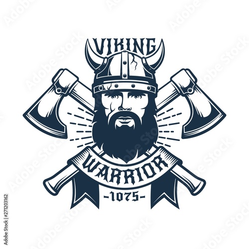 Viking warrior retro logo template. Barbarian head in a horned helmet, crossed axes and ribbon. Vector illustration.