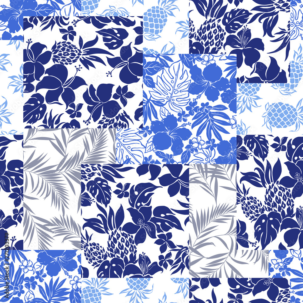 Tropical flower plant patchwork illustration pattern