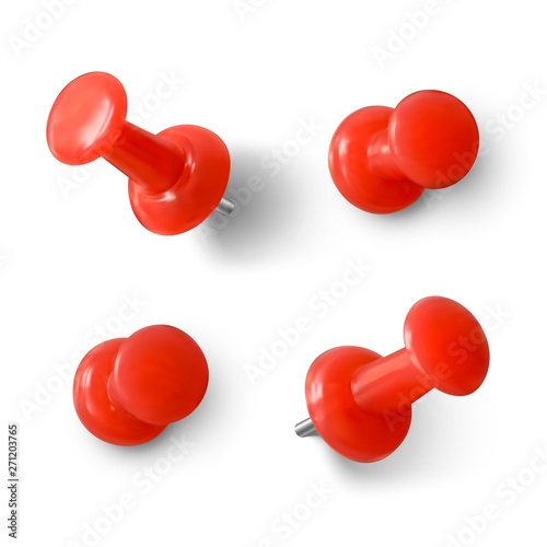 Red push pin 3D. Realistic red paperclip with shadow. Vector illustration isolated on white background photo