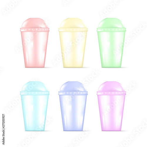 Transparent colorful plastic empty disposable cup for soda or cocktail. Party disposable tableware set. Vector illustration isolated on white background