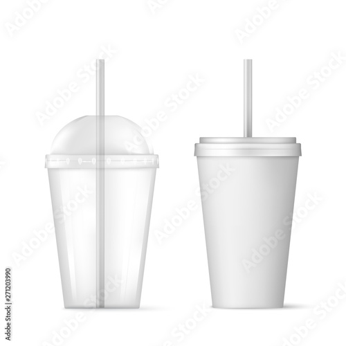 Plastic transparent disposable cup with straw for cocktail and disposable container for ice drink. Vector illustration isolated on white background