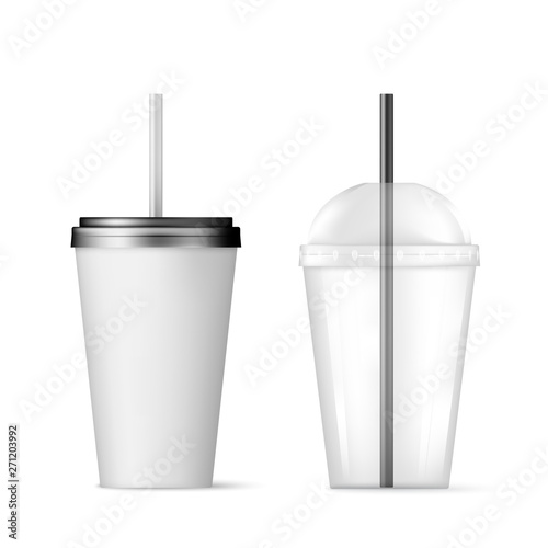 Plastic transparent disposable cup with black straw for cocktail and disposable container with black lid for ice drink. Vector illustration isolated on white background