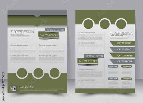Flyer template. Business brochure. Editable A4 poster for design, education, presentation, website, magazine cover. Green and grey color.