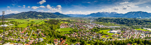 Aerial Bad Toelz Bavarian Alps in May. Old Town  Mountains  Isar River. Beautiful Travel destination