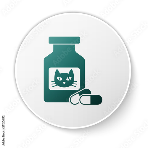 Green Cat medicine bottle and pills icon isolated on white background. Container with pills. Prescription medicine for animal. White circle button. Vector Illustration