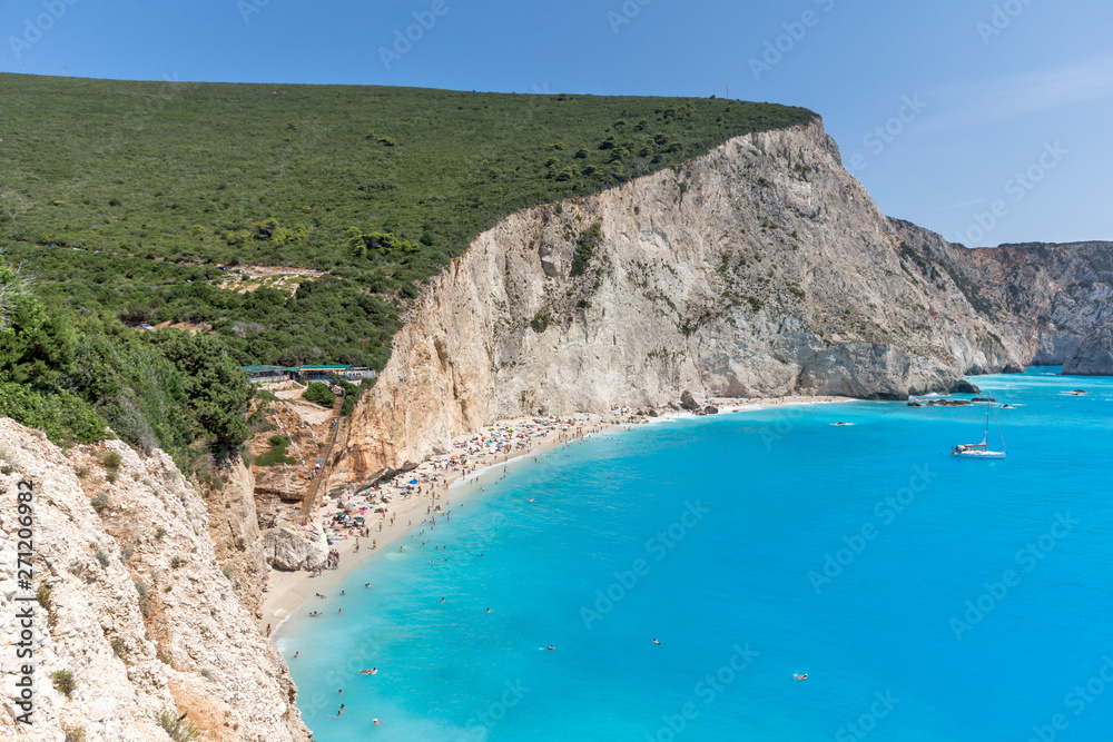 Panorama blue waters of Porto Katsiki Beach, Lefkada, Ionian Islands, Greece Panorama blue waters of Porto Katsiki Beach, Lefkada, Ionian Islands, Greece