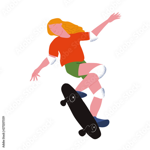 The girl skater. Flat with gradient. Girl with golden hair make stunt on skateboard.  Used for flyer, banner sporting events, packing sports goods. Vector illustration isolated object.