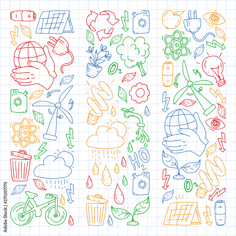 Vector logo, design and badge in trendy drawing style - zero waste concept, recycle and reuse, reduce - ecological lifestyle and sustainable developments icons. colorful. drawing on squared notebook.