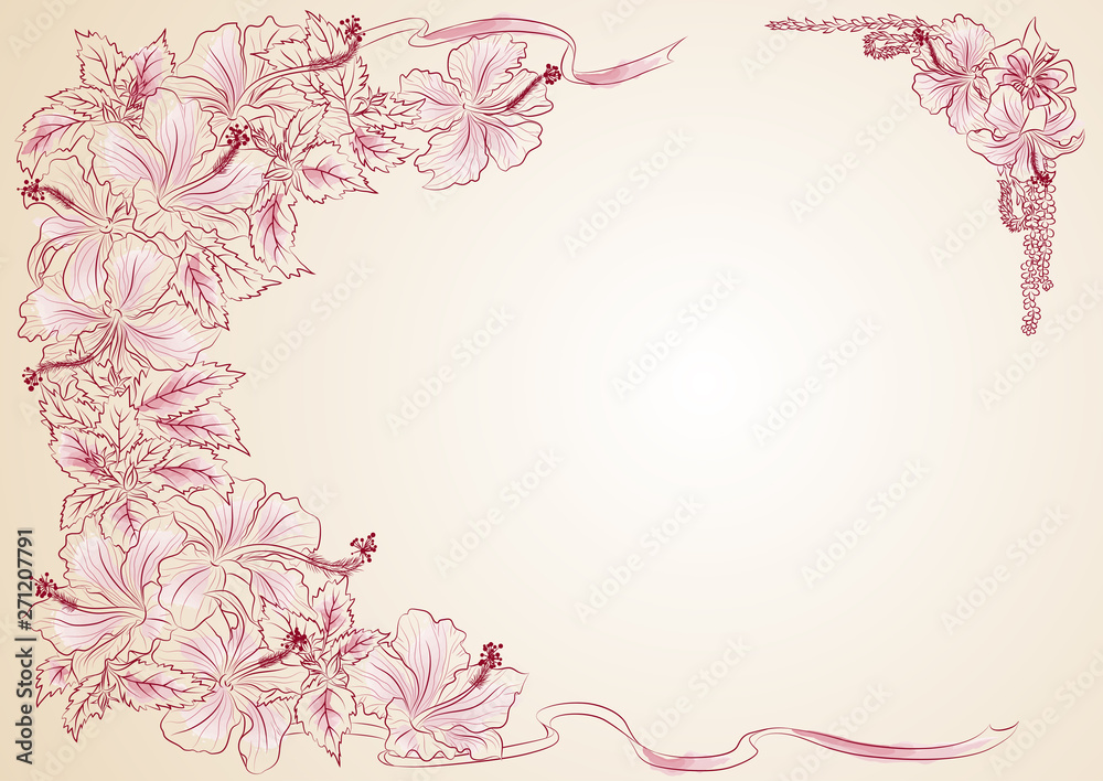 Flower frame with hibiscus flowers. Imitation of a watercolor sketch. Vector illustration in vintage style. Template for postcards, greetings Flower frame with hibiscus flowers. Imitation of a watercolor sketch. Vector illustration in vintage style. Template for postcards, greetings