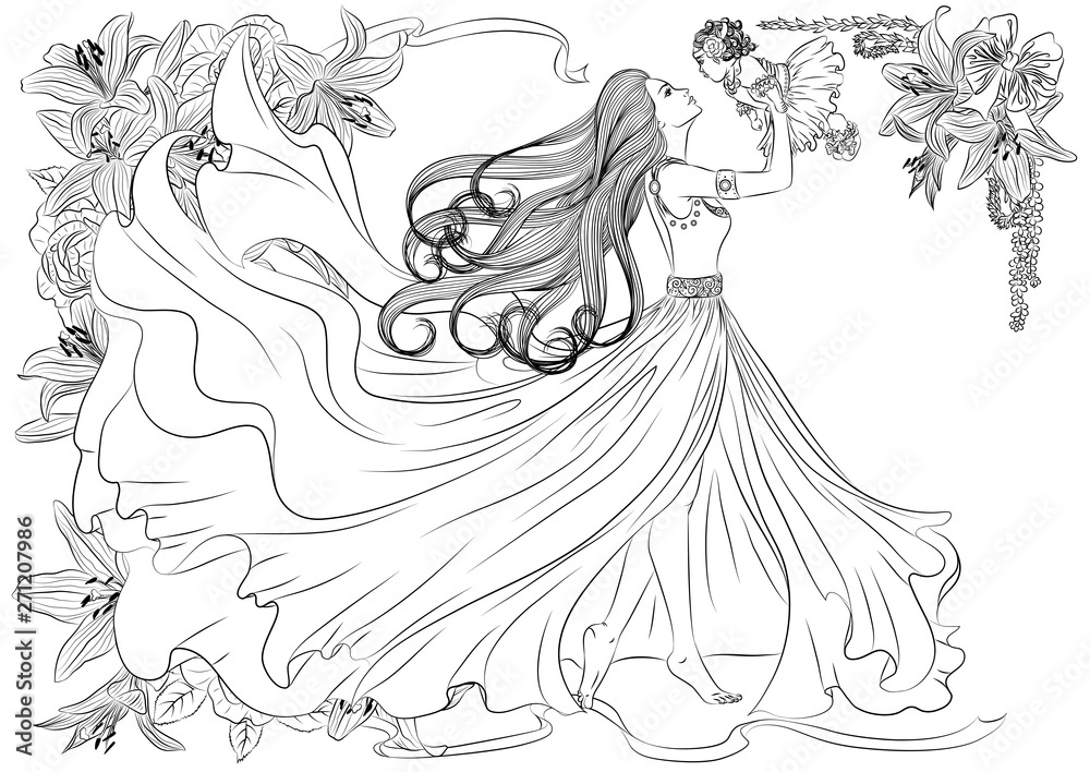 Illustration of a beautiful young girl in a long fluttering dress and with long  hair holding