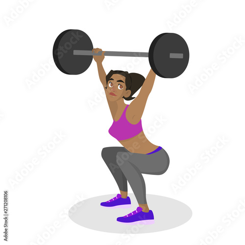 Woman making squats with barbell. Doing sport exercises