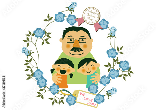 父の日のイラスト。お父さんと子供達。白背景の素材。バッジ。バナー。