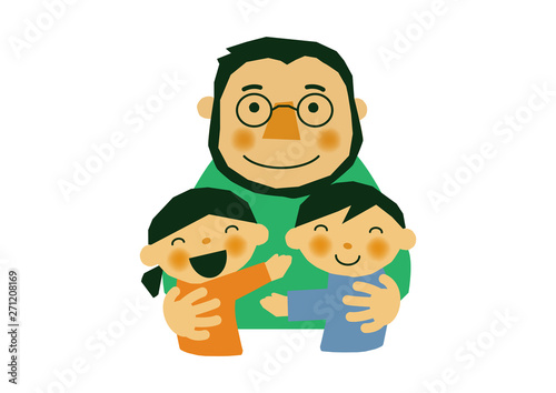 父の日のイラスト。お父さんと子供達。白背景の素材。バッジ。バナー。