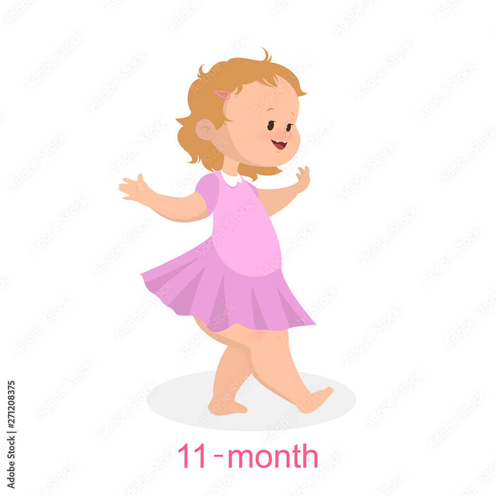 Cute little girl in the pink dress walking. Eleven month Cute little girl in the pink dress walking. Eleven month