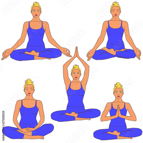 Vector illustration of woman siting in lotus yoga pose with different position of arms. Detailed yoga icons of  girl isolated on white background.