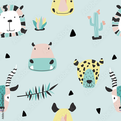 Safari baby animals seamless funny pattern.