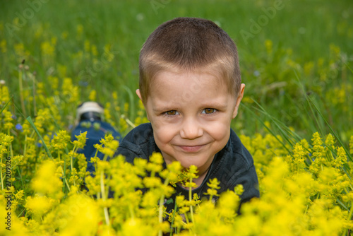Cute little boy lying in the grass and flowers and laughing © nedomacki