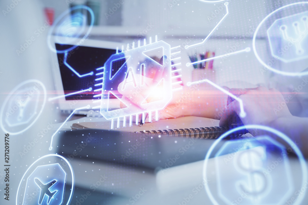 Multi exposure of woman hands on background with technology coding hologram. Data concept.