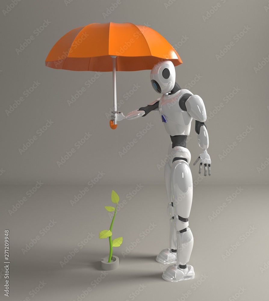 Fototapeta premium robot female protect sprout, plant,3d, render