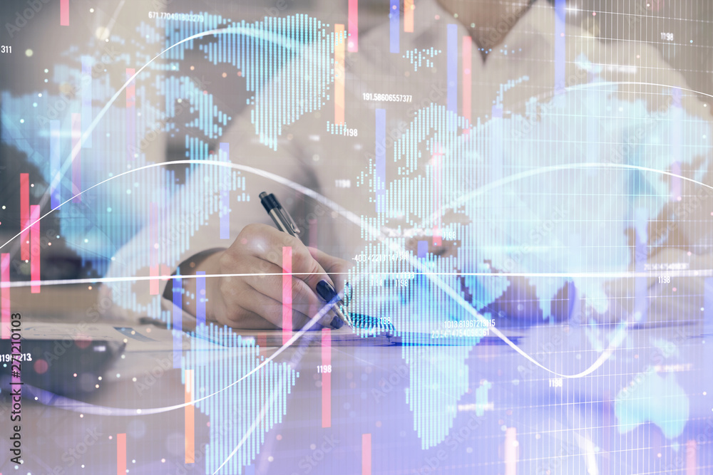 International business hud over woman's hands writing background. Concept of hard work. Double exposure