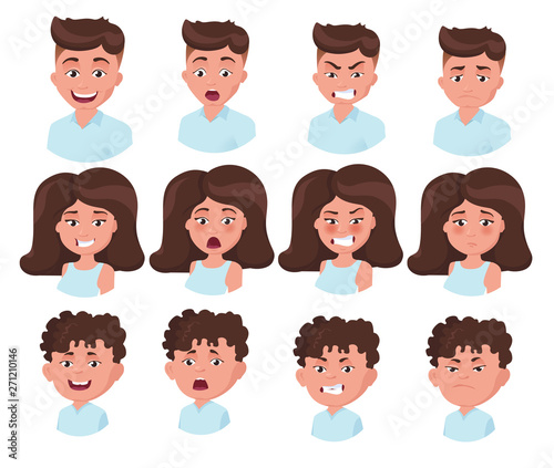 Boy, man, woman. Set of human emoji. European, brunette, character isolated on white background.