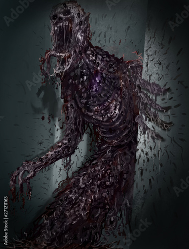 Gruesome Evil Monster, Concept Art for Horror Movie, Video Game Digital CG Artwork. Book Cover. Realistic Illustration. 
