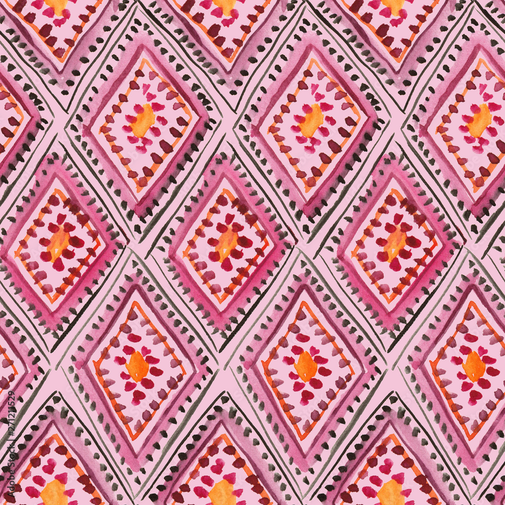 Traditional moroccan rhombic ornament in pink and purple. Seamless watercolor pattern