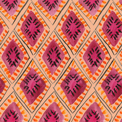 Crédence de cuisine Orange patrons Traditional geometric moroccan rhombic ornament. Seamless watercolor pattern in purple and orange  © IMR