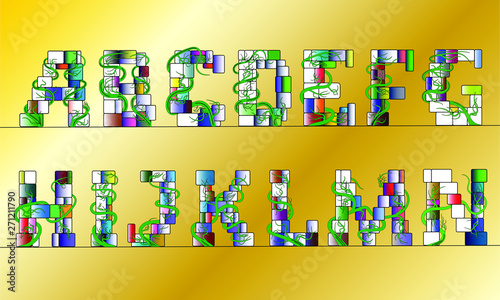 Font in a multi color cubic style, letters of the english alphabet (part one)