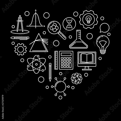 School heart vector linear illustration. I Love School concept outline banner on black background