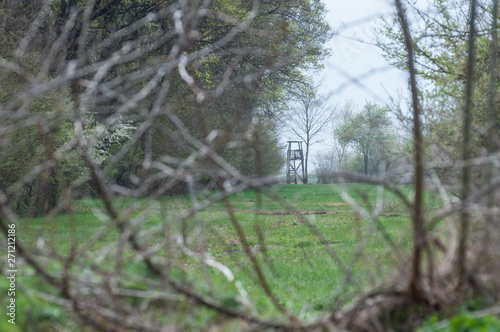 deer stand seen through twigs that can be used for bird watching or hunting