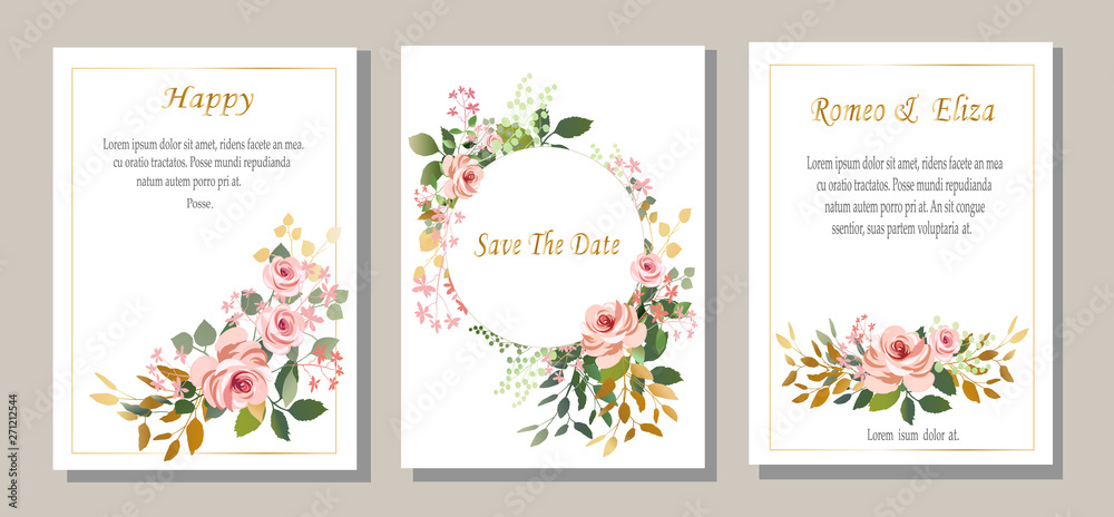 Set of cards with flowers, leaves. Vector illustration. Decorative invitation to the holiday. Wedding, birthday. Universal cards.Pink roses .