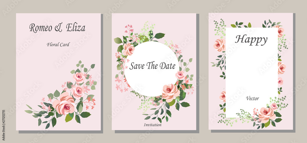 Set of cards with flowers, leaves. Vector illustration. Decorative invitation to the holiday. Wedding, birthday. Universal card.Pink rose.