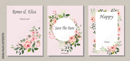 Set of cards with flowers, leaves. Vector illustration. Decorative invitation to the holiday. Wedding, birthday. Universal card.Pink rose.