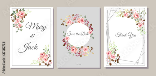 Set of cards with flowers  leaves. Vector illustration. Decorative invitation to the holiday. Wedding  birthday. Universal card.Pink rose.  Geometric framework.