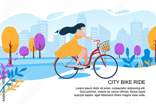 Happy Cartoon Girl Cyclist Ride Bike City Street