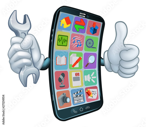 A mobile phone repair service or perhaps plumber or mechanic app cartoon character mascot holding spanner and giving a thumbs up.