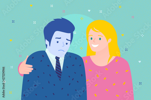 Concept of friendship and support. Man and women are together. Cheerful woman supports sad man