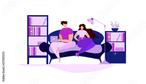 Couple at Home Woman Read Book Man Work Notebook